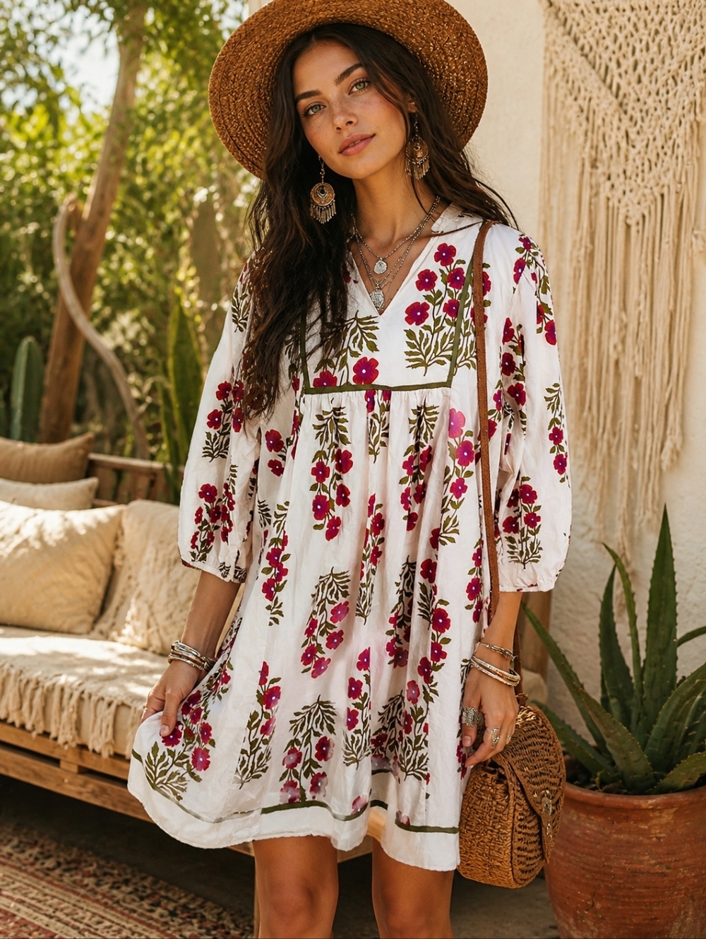 UmGee Ultra Bohemian Cottage Core Floral Babydoll Cotton Dress SZ: LRG